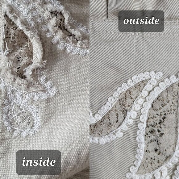 Chico's Sz 1 (Med 8) Jacket Open Front Embroidered Paisley Ruffled Trim Tan - Picture 7 of 7